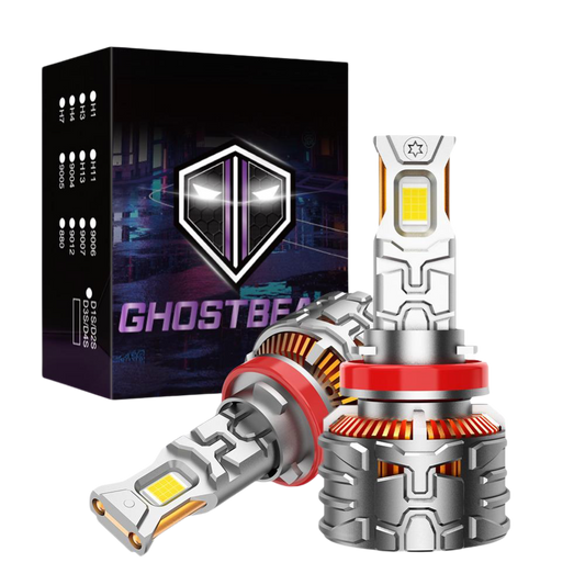 Car headlight bulb with 'Ghostbeast' branding and packaging in the background.